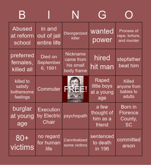 Donald "Pee Wee" Gaskins Bingo Card