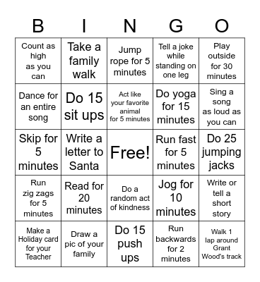 2020 Grant Wood Fun Run BINGO! Bingo Card