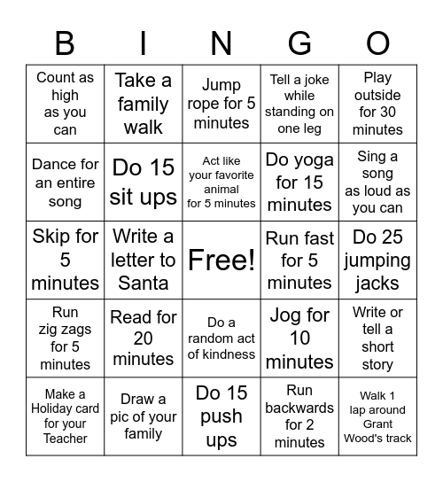 2020 Grant Wood Fun Run BINGO! Bingo Card