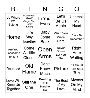 Getting Back Together Songs Bingo Card