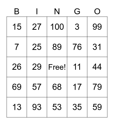 BINGO DE NUMEROS 1-100 Bingo Card