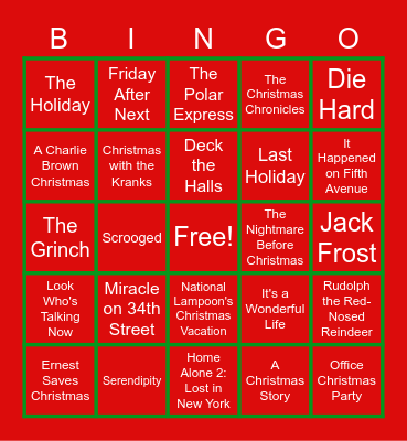 Holiday Movie Bingo Card
