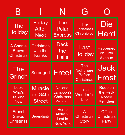 Holiday Movie Bingo Card