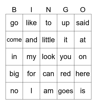 Sight Words Bingo Card