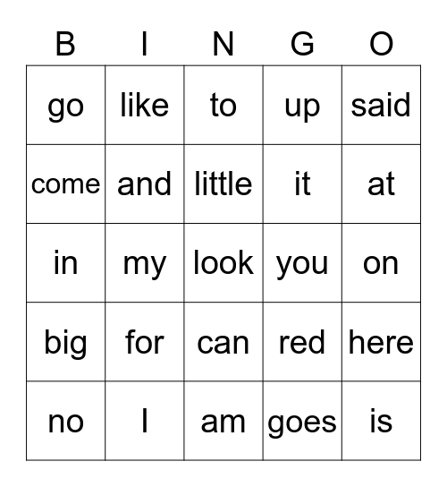 Sight Words Bingo Card