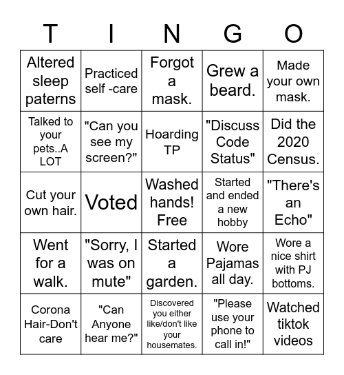 Quarantine Bingo Card