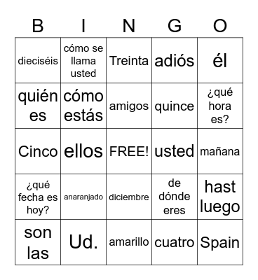 Spanish 1 Chapter 1 Bingo Card