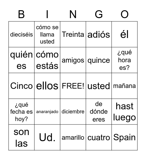 Spanish 1 Chapter 1 Bingo Card