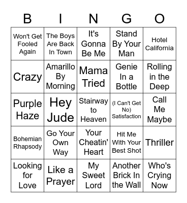 Popular Rock/Country/Pop Hits Bingo Card