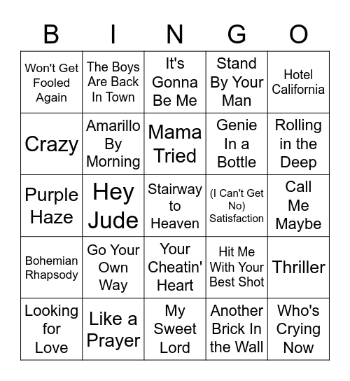 Popular Rock/Country/Pop Hits Bingo Card