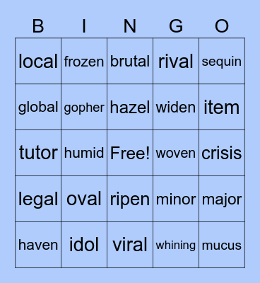open syllable words Bingo Card