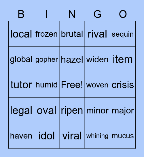 open syllable words Bingo Card