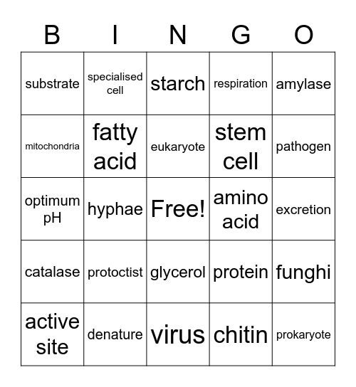 Year 9 Biology Bingo (Term 1) Bingo Card