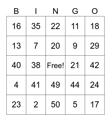 MGA ASL NUMBERS Bingo Card