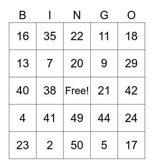 MGA ASL NUMBERS Bingo Card
