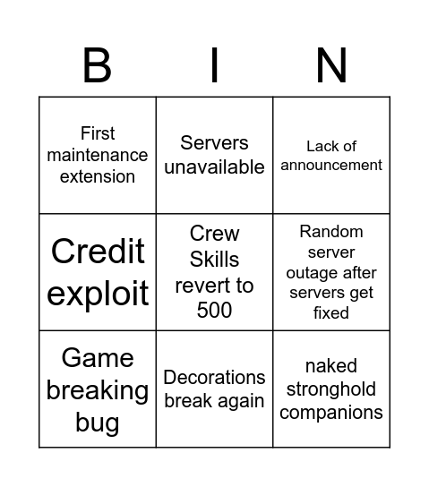 SWTOR Update Bingo Card