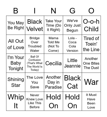 1970/1980/1990 Hits Bingo Card