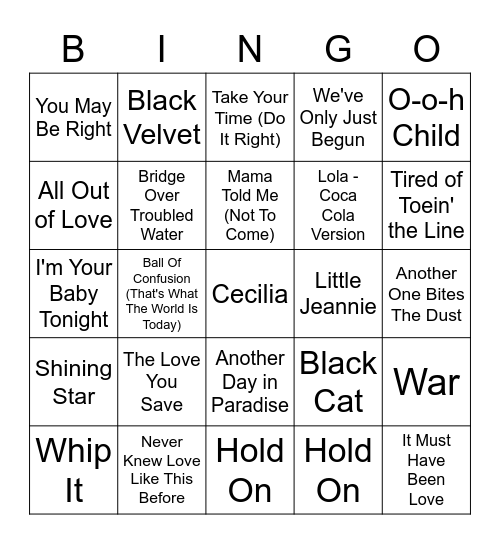 1970/1980/1990 Hits Bingo Card