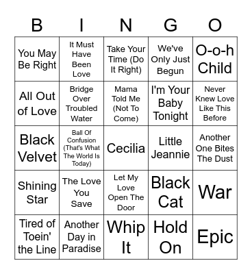 1970/1980/1990 Hits Bingo Card