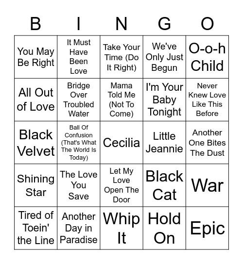 1970/1980/1990 Hits Bingo Card