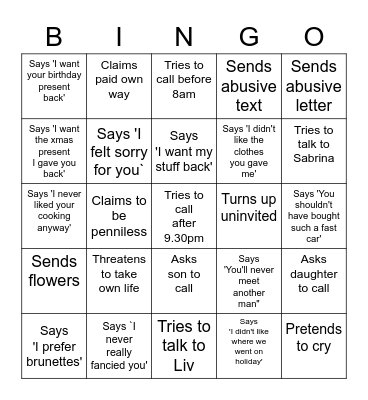 Loser Ex Boyfriend Bingo Card