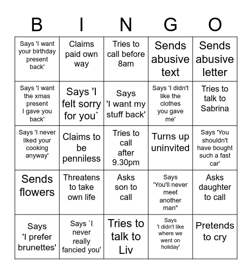 Loser Ex Boyfriend Bingo Card