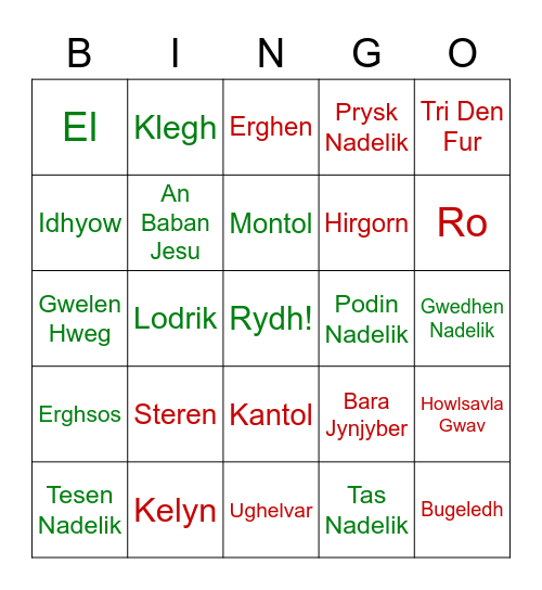 Nadelik Kernewek Bingo Card