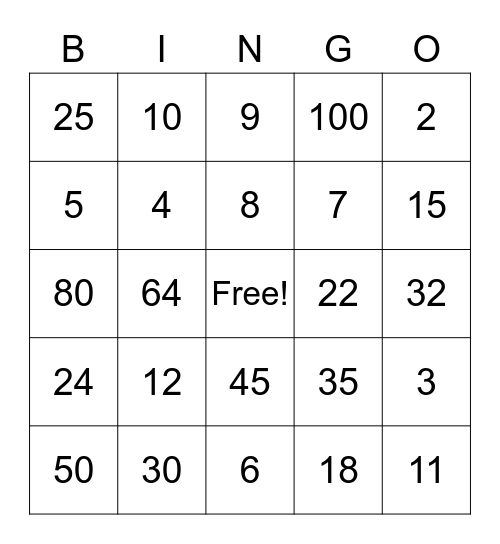 Multiplication and Division Bingo Card