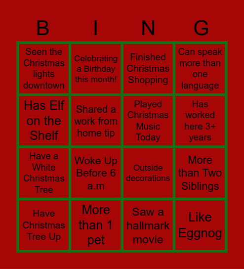 Team Holiday Cheer Bingo Card