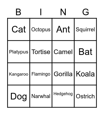 Animal Bingo Card