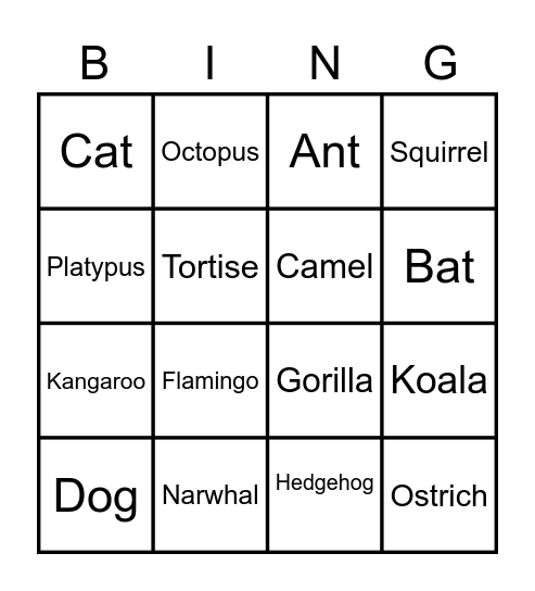 Animal Bingo Card