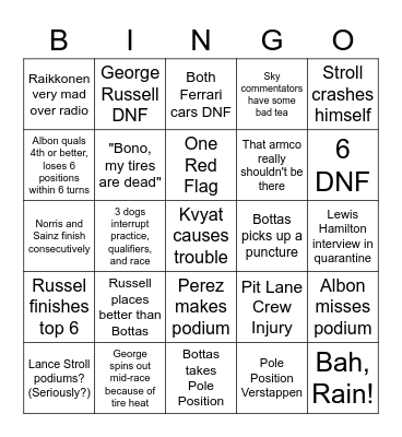 Formula 1 (6-12-20) Bingo Card