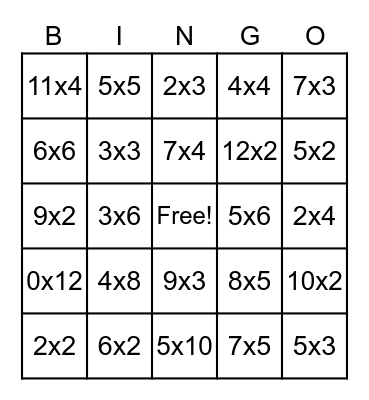 Multiplication Bingo Card