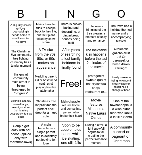 Cheesy Holiday Movie Bingo Card