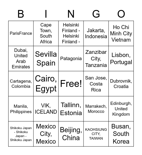 All Around The World Bingo Card