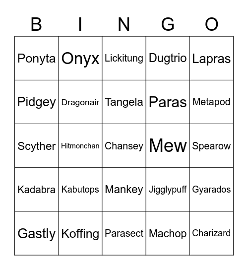 Pokemon Bingo Race Bingo Card
