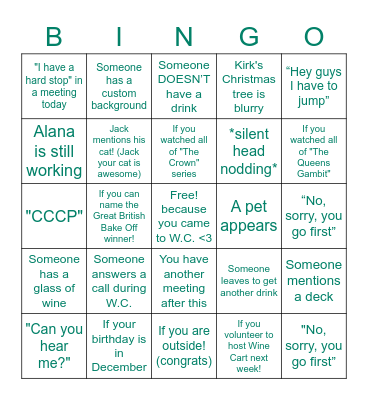 Winter Wine Cart Bingo Card