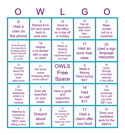 OWL BINGO Card