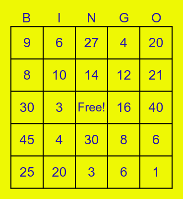Multiplication Products 1-5 Bingo Card