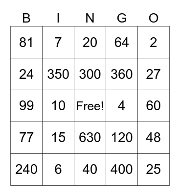 Multiplication and Division 2 Bingo Card