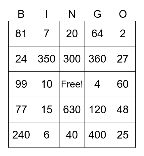 Multiplication and Division 2 Bingo Card