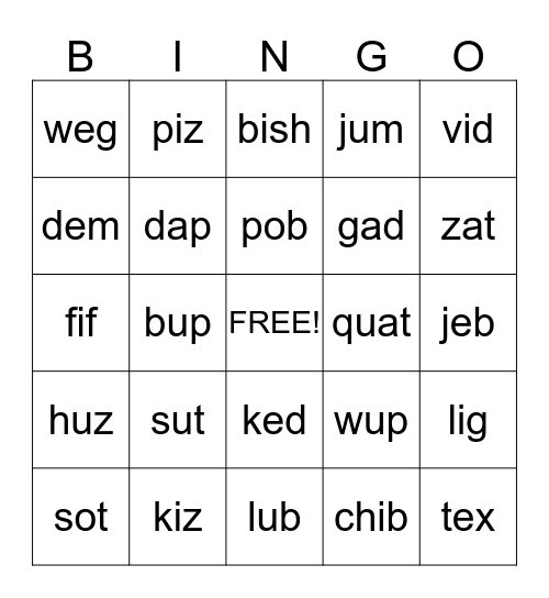 Nonsense Word Bingo Card