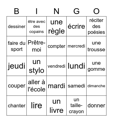 Tu aimes aller à l'école ? Bingo Card