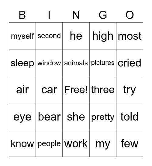 High Frequency Words (1) Bingo Card
