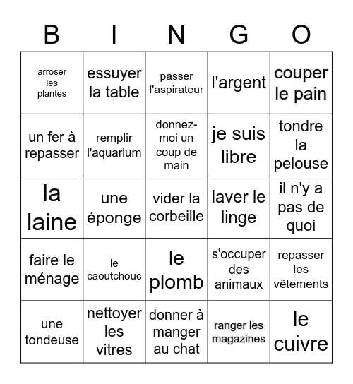 Les Tâches Ménagères Bingo Card
