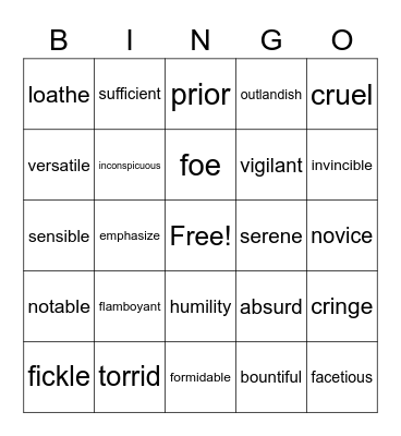 Vocabulary Bingo Card