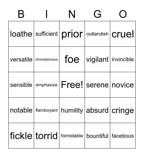 Vocabulary Bingo Card