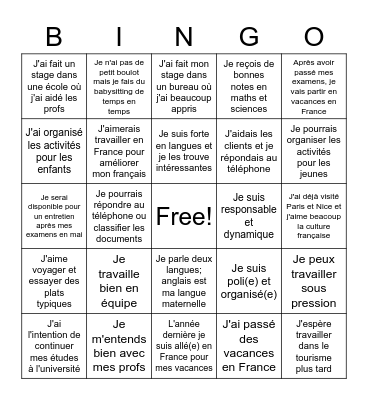 N5 French Job Application Bingo Card