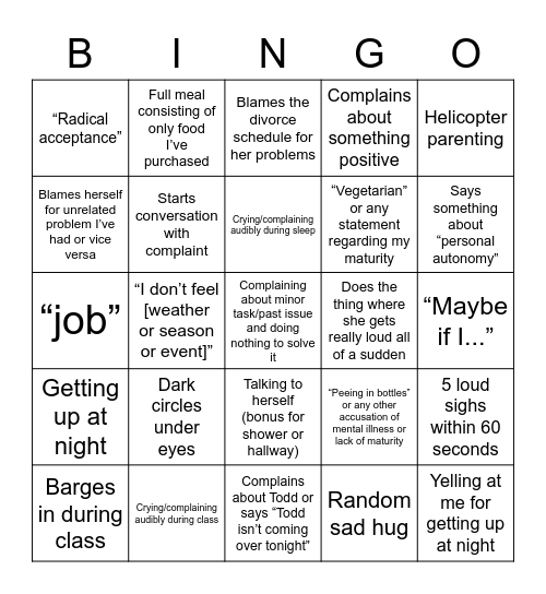 Mom Bingo Card