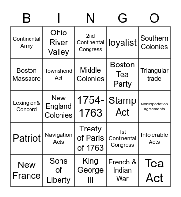 Revolutionary War Bingo Card